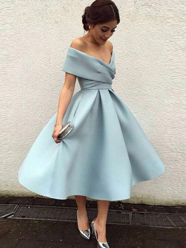 Homecoming Dresses Satin Aubrie Elegant Tea-Length Off-The-Shoulder Pleated Ball Gown