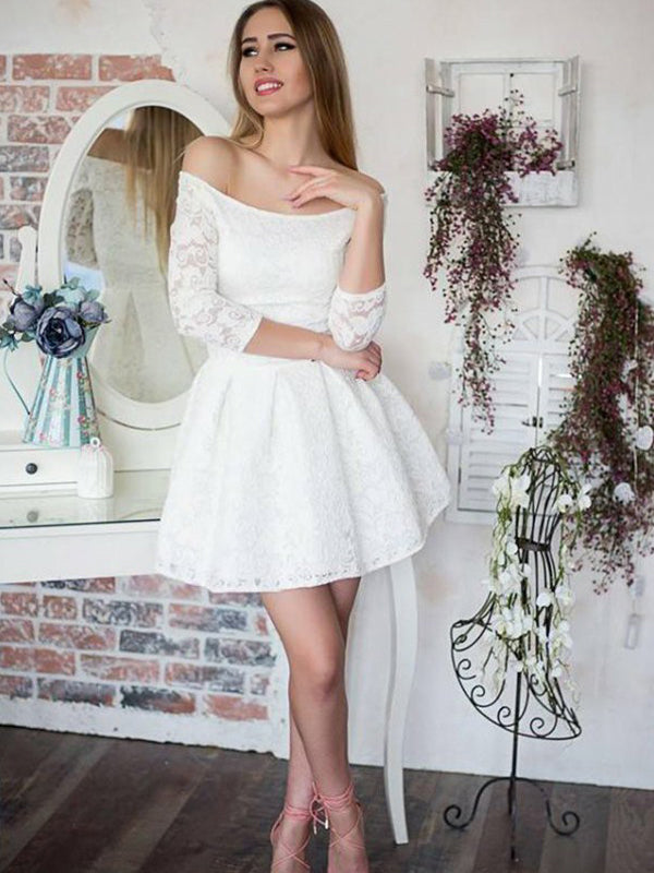 Ball Gown White 3/4 Sleeve Homecoming Dresses Ruth Lace Off-The-Shoulder Cut Short/Mini