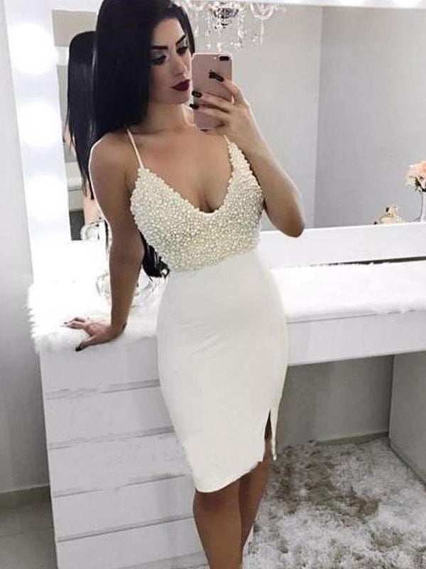 White Sheath/Column Pearls Split-Front Sleeveless V Neck Camila Homecoming Dresses Spaghetti Straps Knee-Length