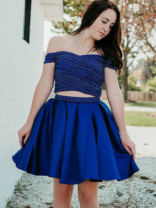 Off-The-Shoulder Beading Ball Gown Pleated Cut Homecoming Dresses Royal Blue Akira Short Mini