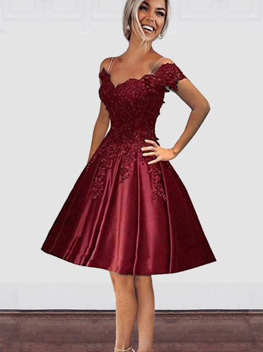 Knee-Length Pleated Burgundy Applique Beading Homecoming Dresses Jayleen Off-The-Shoulder