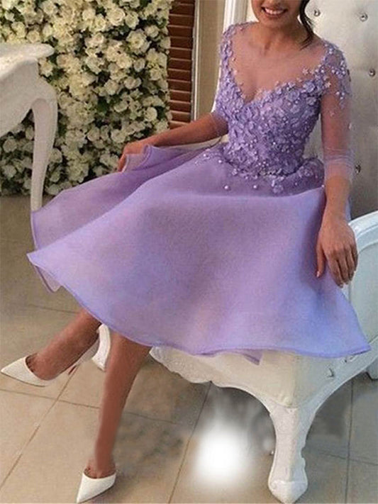 Lilac Homecoming Dresses Jazlyn Botton Applique Beading 3/4 Sleeve