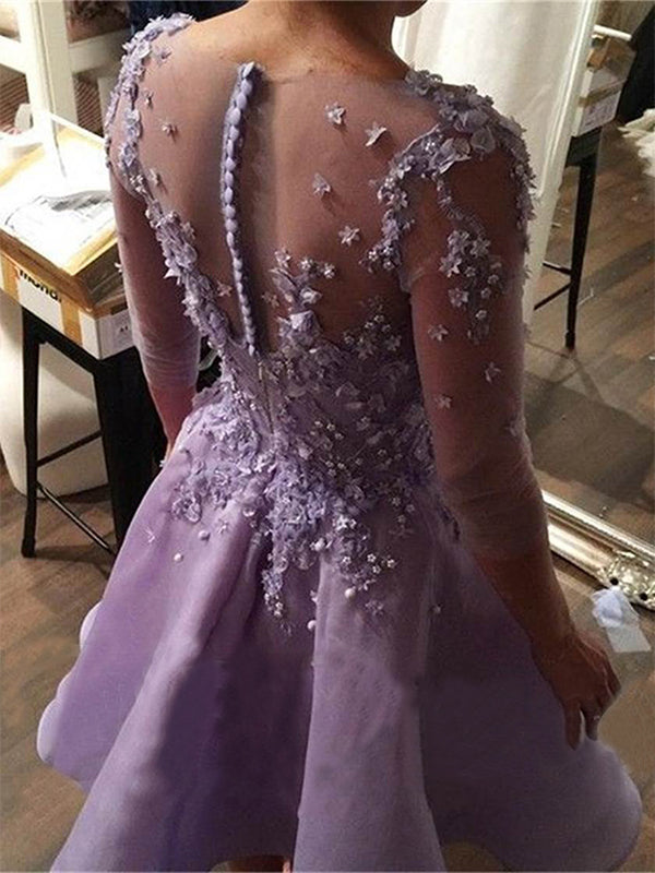 Lilac Homecoming Dresses Jazlyn Botton Applique Beading 3/4 Sleeve