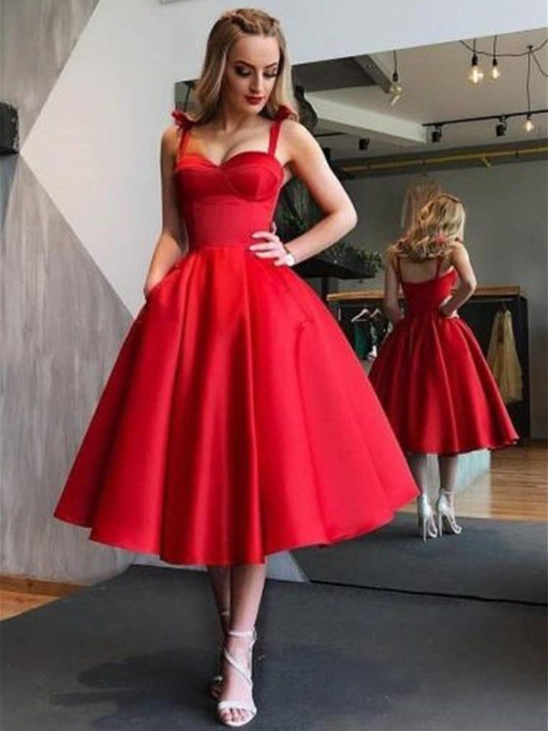 Red Ball Gown Tea-Length Pleated Sweetheart Liberty Homecoming Dresses Sleeveless