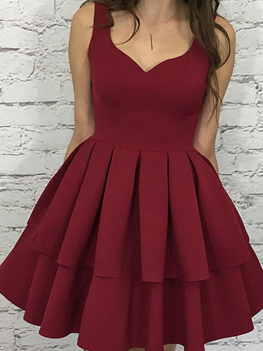 Burgundy V Neck Sleeveless Pleated Layers Homecoming Dresses Sarahi Cut Short/Mini