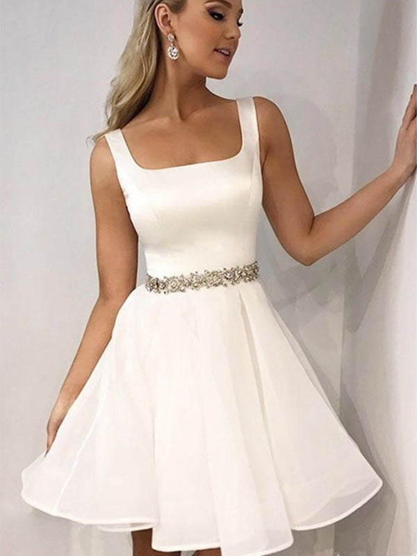 White Beading Square Neck Sleeveless A-Line Cut Kendall Homecoming Dresses Short/Mini