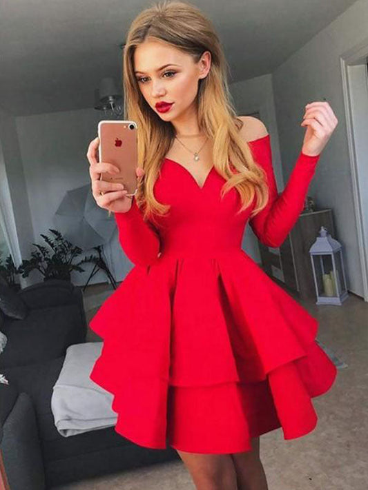 Long Sleeve Sweetheart Homecoming Dresses Ali Off-The-Shoulder Layers Cut Short Mini