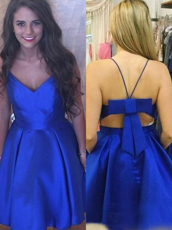 Spaghetti Straps V Neck Skyla Satin Homecoming Dresses Royal Blue Sleeveless Bowknot A-Line