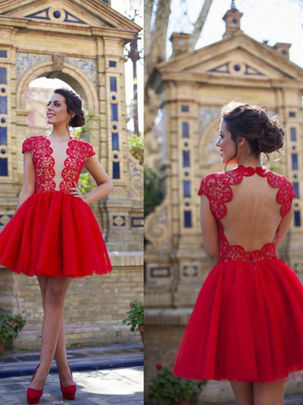 Cap Homecoming Dresses Vivien Lace Sleeve Cut Out Back Tulle Ball Gown Cut Short Mini