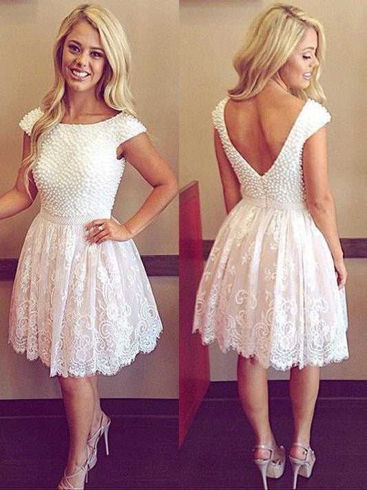 Knee-Length Homecoming Dresses Lace Pru Pearls Beading Scoop Neck V Back