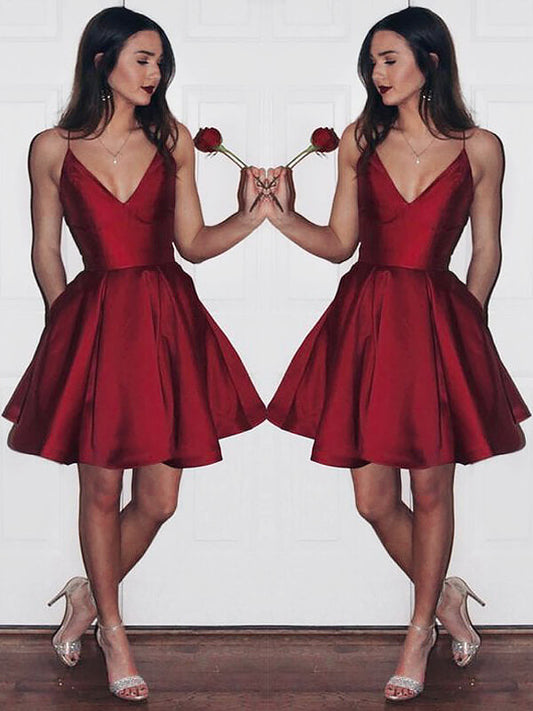 V Neck Sleeveless Spaghetti A-Line Pleated Rosa Satin Homecoming Dresses Cut Short Mini