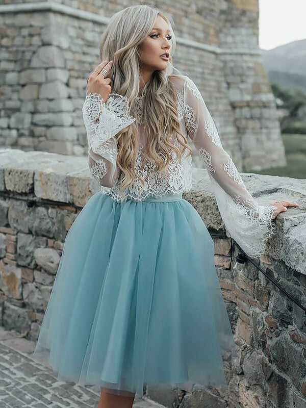 Two Piece See Through Scoop Neck Long Sleeve Tulle Ball Lace Pat Homecoming Dresses Gown Knee-Length