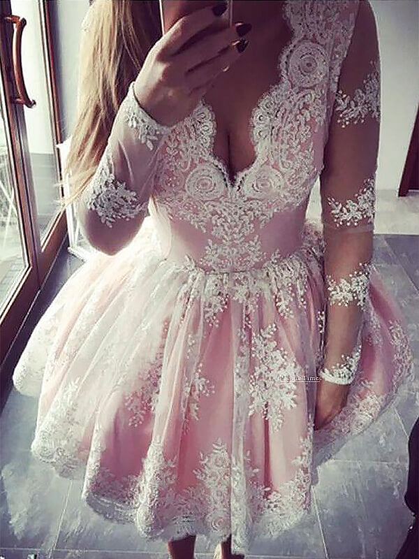 Ball Gown V Neck Long Sleeve Homecoming Dresses Chanel Applique Cut Short Mini