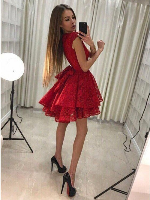 Cap Sleeves Jewel A Line Lace Homecoming Dresses Camilla Red Tiered Short Flowers Pleated