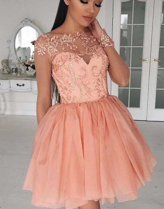 Sweetheart Off The Shoulder Long Sleeve A Line Chiffon Alessandra Homecoming Dresses Sheer Beading