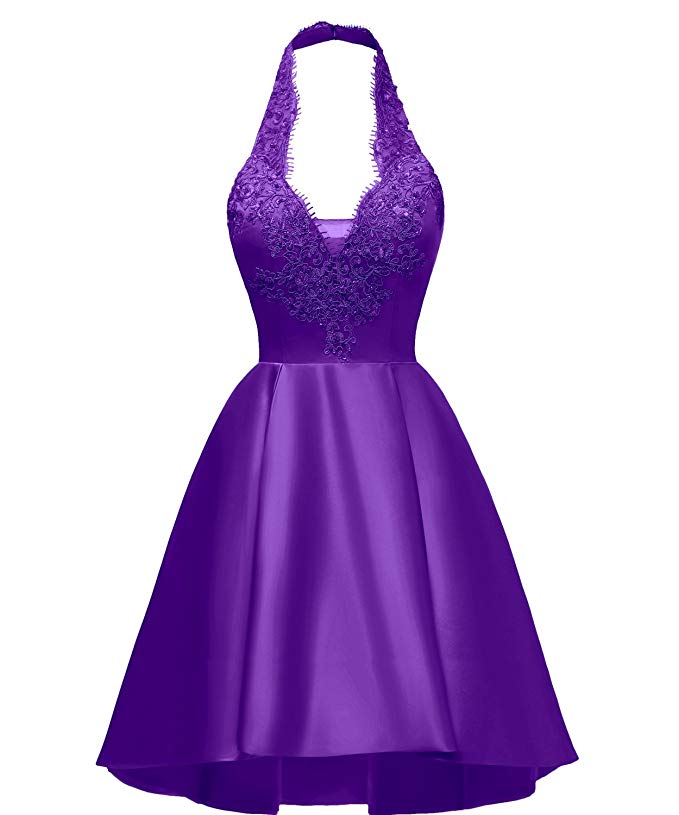 Halter Deep V Peyton Homecoming Dresses A Line Satin Neck Appliques Purple Backless Pleated