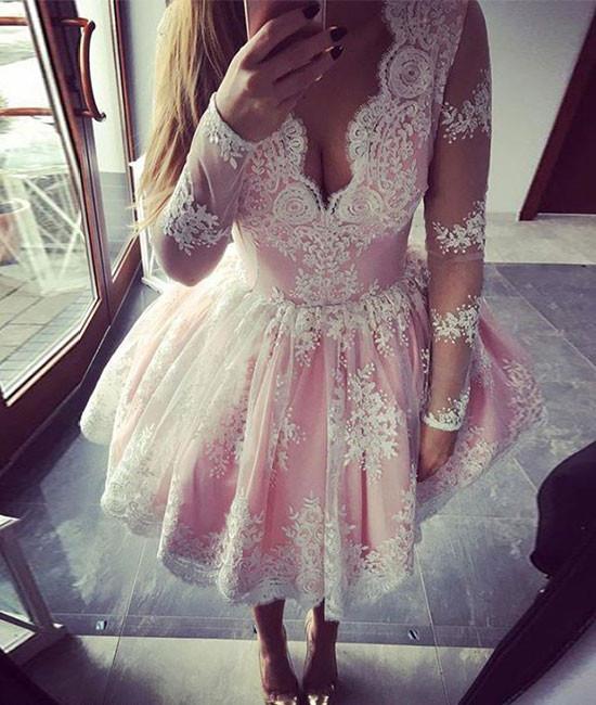 Long Sleeve Deep V Neck Ball Gown Pink Lace Juliana Homecoming Dresses Flowers Pleated