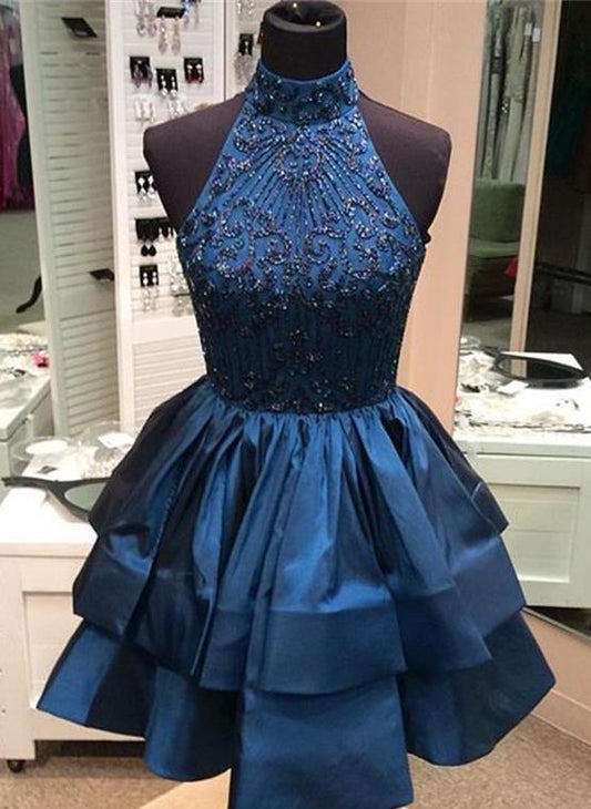 Halter High Neck Dark Blue Sleeveless Tiered Beading A Line Homecoming Dresses Meg Satin Appliques