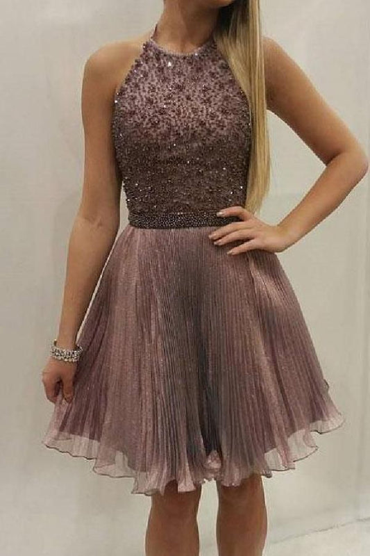 Halter Sleeveless Organza Brown Pleated Beading Sparkle A Line Homecoming Dresses Evangeline Charming