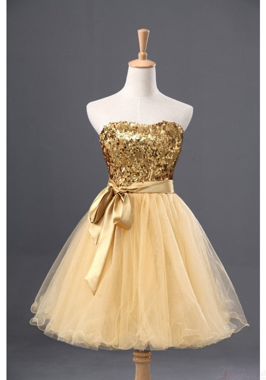 Strapless Sweetheart Backless Tricia A Line Homecoming Dresses Light Yellow Sequins Bow Knot