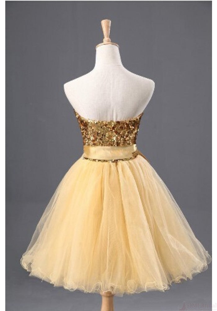 Strapless Sweetheart Backless Tricia A Line Homecoming Dresses Light Yellow Sequins Bow Knot