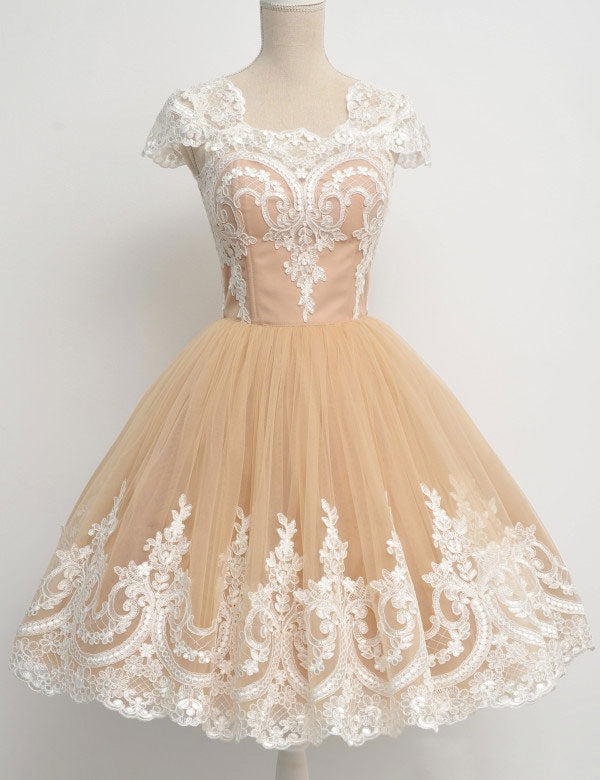 Square Neck Champagne Cap Sleeve Homecoming Dresses Jaelynn A Line Lace Tulle Pleated Appliques