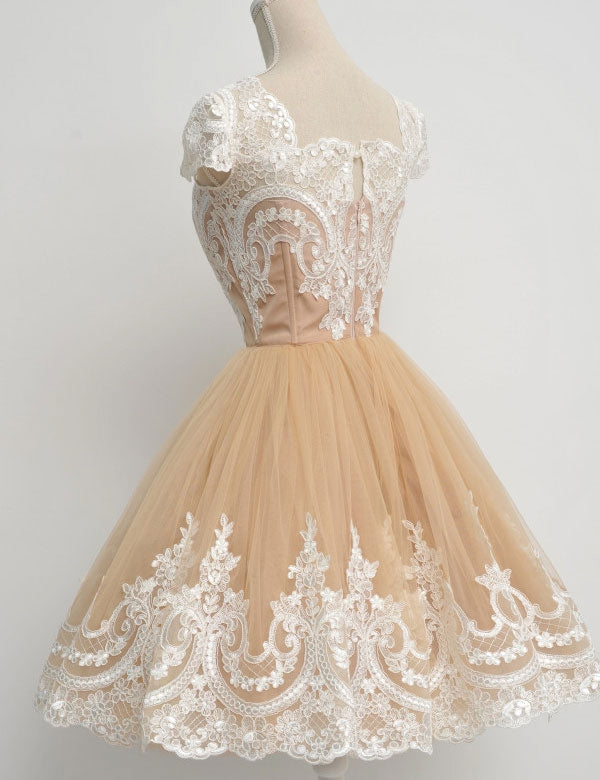 Square Neck Champagne Cap Sleeve Homecoming Dresses Jaelynn A Line Lace Tulle Pleated Appliques