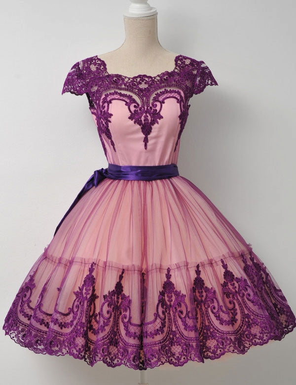 Square Neck Lace Homecoming Dresses A Line Abbey Fuchsia Cap Sleeve Appliques Ribbon Trim