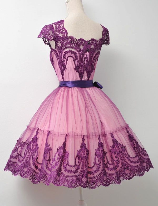 Square Neck Lace Homecoming Dresses A Line Abbey Fuchsia Cap Sleeve Appliques Ribbon Trim