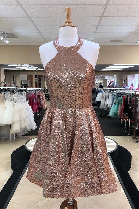 Halter Sequins A Line Homecoming Dresses Marely Sleeveless Backless Pleated Short Sparkle Charming