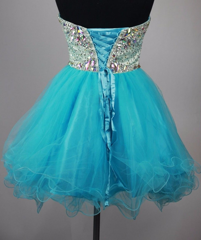 A Line Homecoming Dresses Hadassah Rhinestone Strapless Sweetheart Backless Tulle Pleated