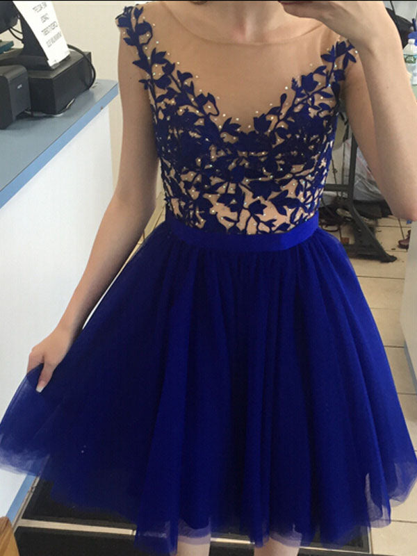 Scoop Cap Evangeline Homecoming Dresses Royal Blue A Line Sleeve Tulle Appliques Pleated