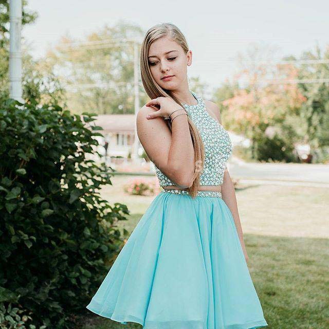 Halter Averi Chiffon Homecoming Dresses A Line Two Pieces Sleeveless Rhinestone Pleated Blue