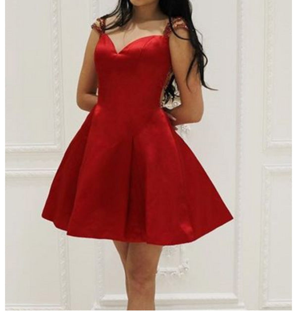 V Satin Homecoming Dresses Marissa A Line Neck Straps Backless Red Cut Out Rhinestone Beading