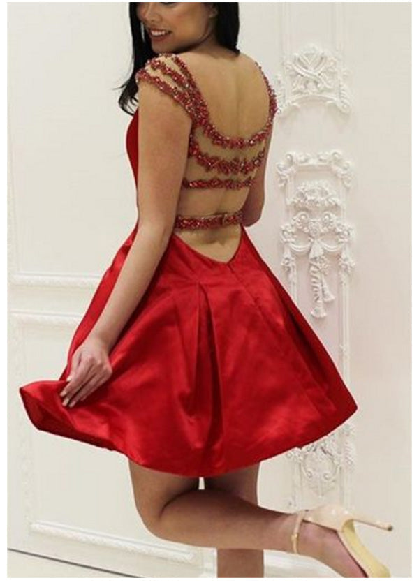 V Satin Homecoming Dresses Marissa A Line Neck Straps Backless Red Cut Out Rhinestone Beading