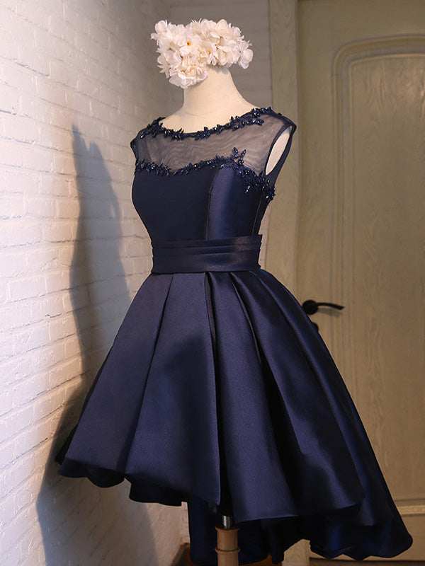 Scoop Ball Gown Backless Cap Sleeve Sheer High Lydia Satin Homecoming Dresses Low Dark Navy Appliques