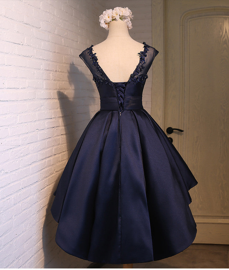 Scoop Ball Gown Backless Cap Sleeve Sheer High Lydia Satin Homecoming Dresses Low Dark Navy Appliques