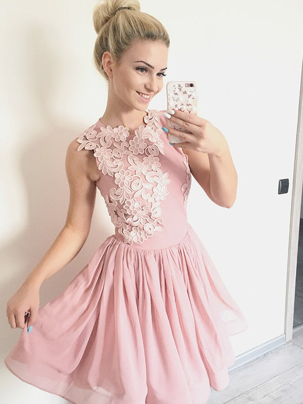 Jewel Sleeveless Pleated Chiffon Homecoming Dresses Pink Helen Appliques Flowers Mini Cute