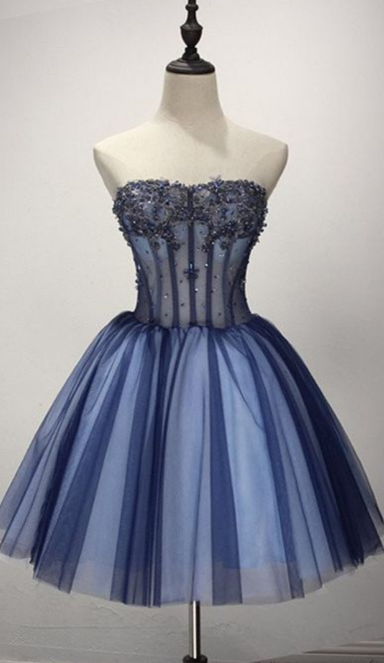 Strapless Ball Gown Appliques Homecoming Dresses Carlie Tulle Beaded Pleated Dark Blue Cute Elegant