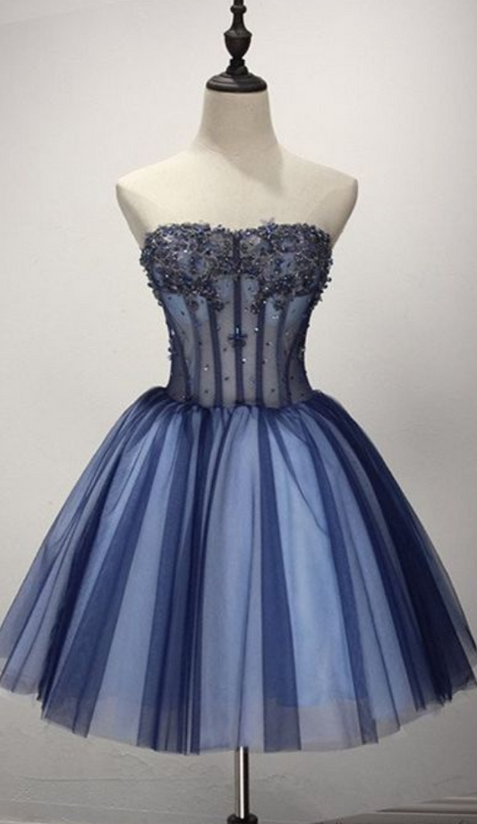 Strapless Ball Gown Appliques Homecoming Dresses Carlie Tulle Beaded Pleated Dark Blue Cute Elegant