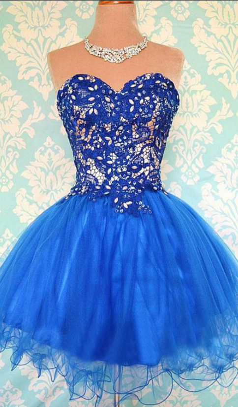 Strapless Homecoming Dresses Royal Blue Vera Sweetheart Tulle Beading Ball Gown Backless Appliques