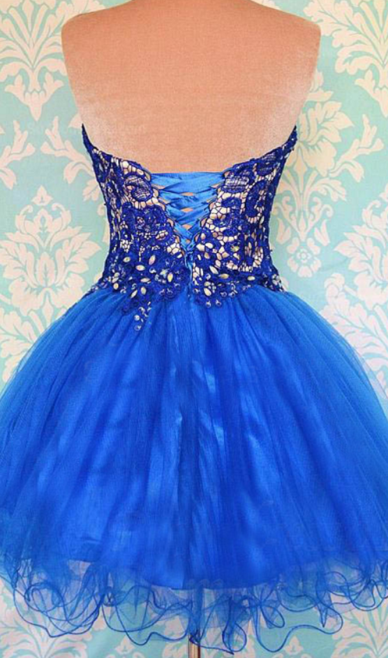 Strapless Homecoming Dresses Royal Blue Vera Sweetheart Tulle Beading Ball Gown Backless Appliques