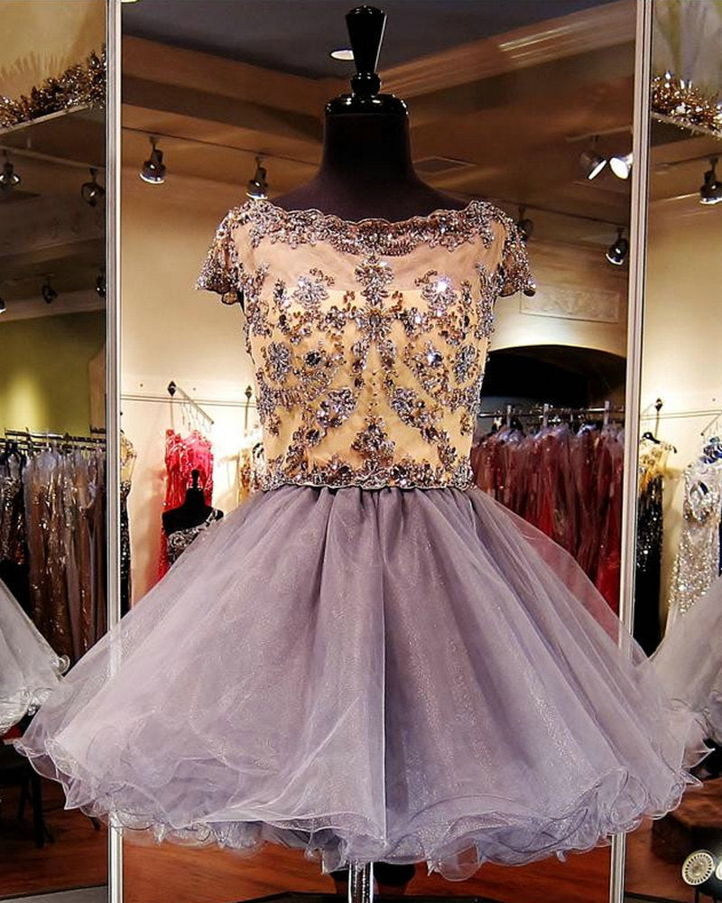 Tulle A Line Tania Homecoming Dresses Gold Appliques Beading Rhinestone Short Sleeve Bateau