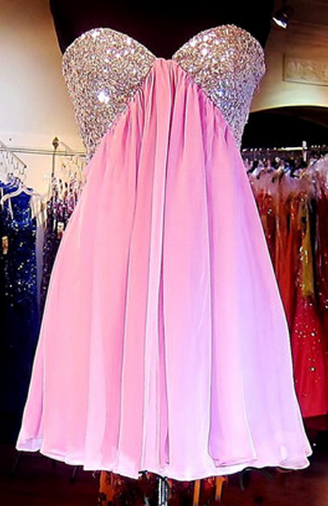 Strapless Sweetheart Pleated Sexy Beaded Cut Chiffon Pink A Line Homecoming Dresses Addison Out