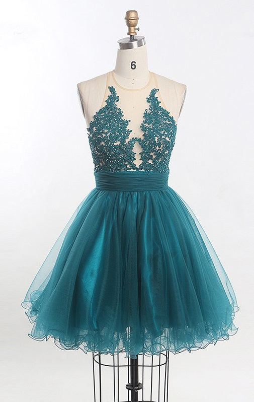 Scoop Sleeveless Sheer Appliques Tulle Pleated Ruched April Homecoming Dresses A Line Backless