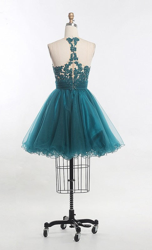 Scoop Sleeveless Sheer Appliques Tulle Pleated Ruched April Homecoming Dresses A Line Backless