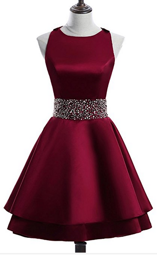 Scoop Tiered Sleeveless Rhinestone A Line Satin Homecoming Dresses Azul Burgundy Pleated