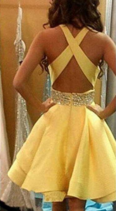 Rhinestone Backless Criss Cross Satin Homecoming Dresses A Line Rosie Sleeveless Sexy Daffodil Short