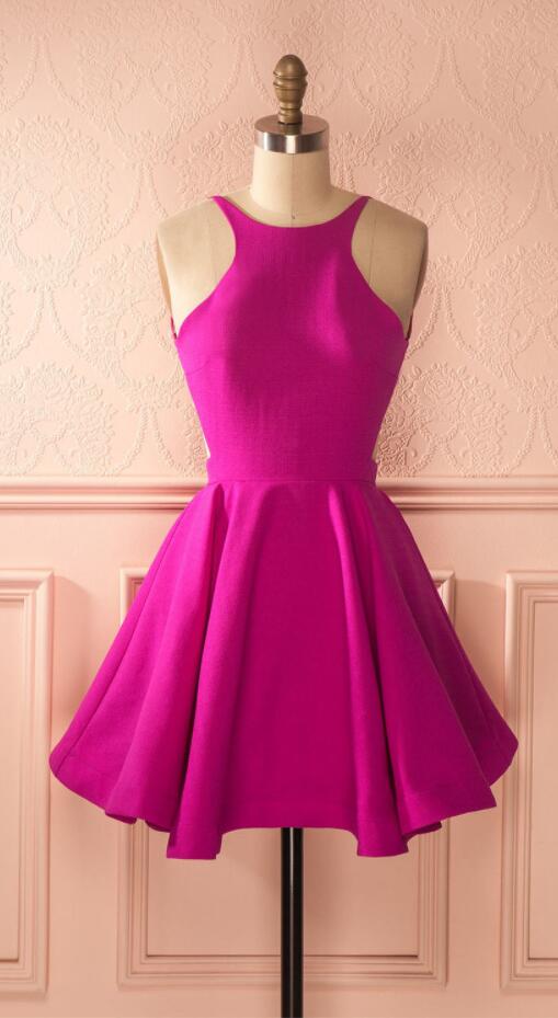 Halter Sleeveless Fuchsia A Line Thelma Homecoming Dresses Satin Backless Sexy Short Pleated