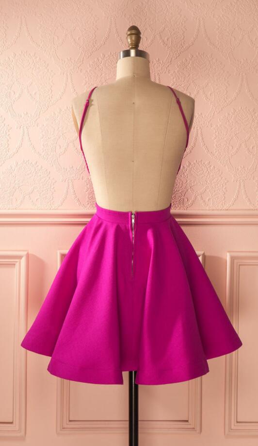 Halter Sleeveless Fuchsia A Line Thelma Homecoming Dresses Satin Backless Sexy Short Pleated